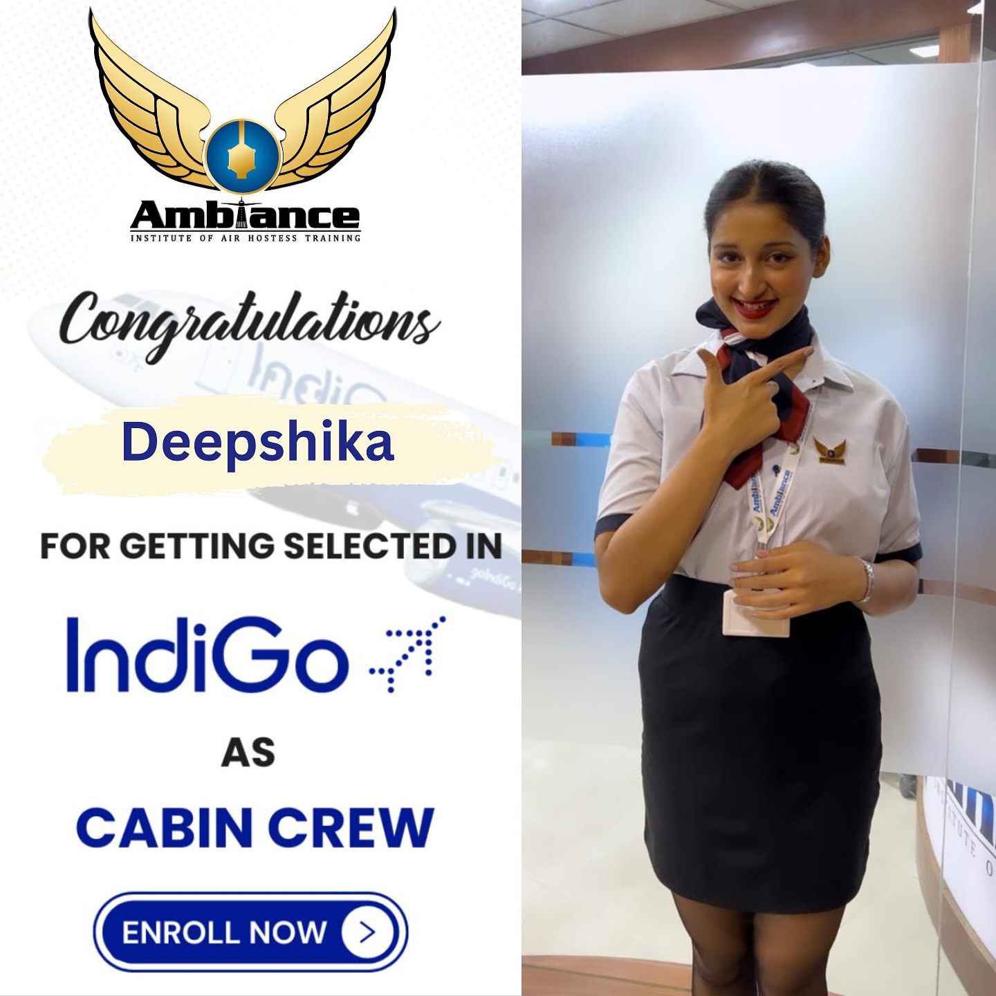 Deepshikha was successfully placed as a cabin crew of Indigo by the Ambines Fly Institute. Registration is Open for sessions 2025-26.